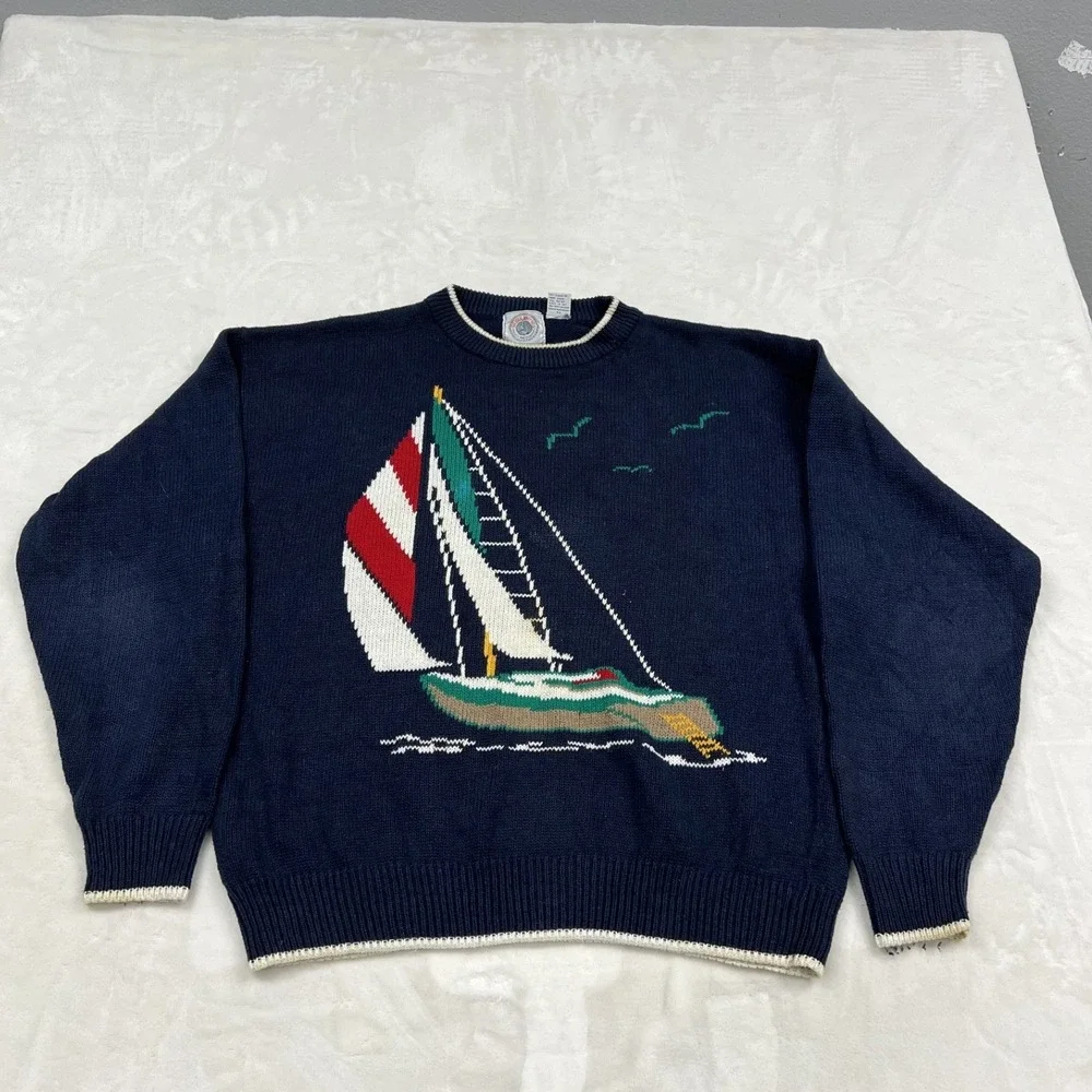 Northern Isles Sailboat Sweater Mens Large Navy Blue Nautical Intarsia Knit
